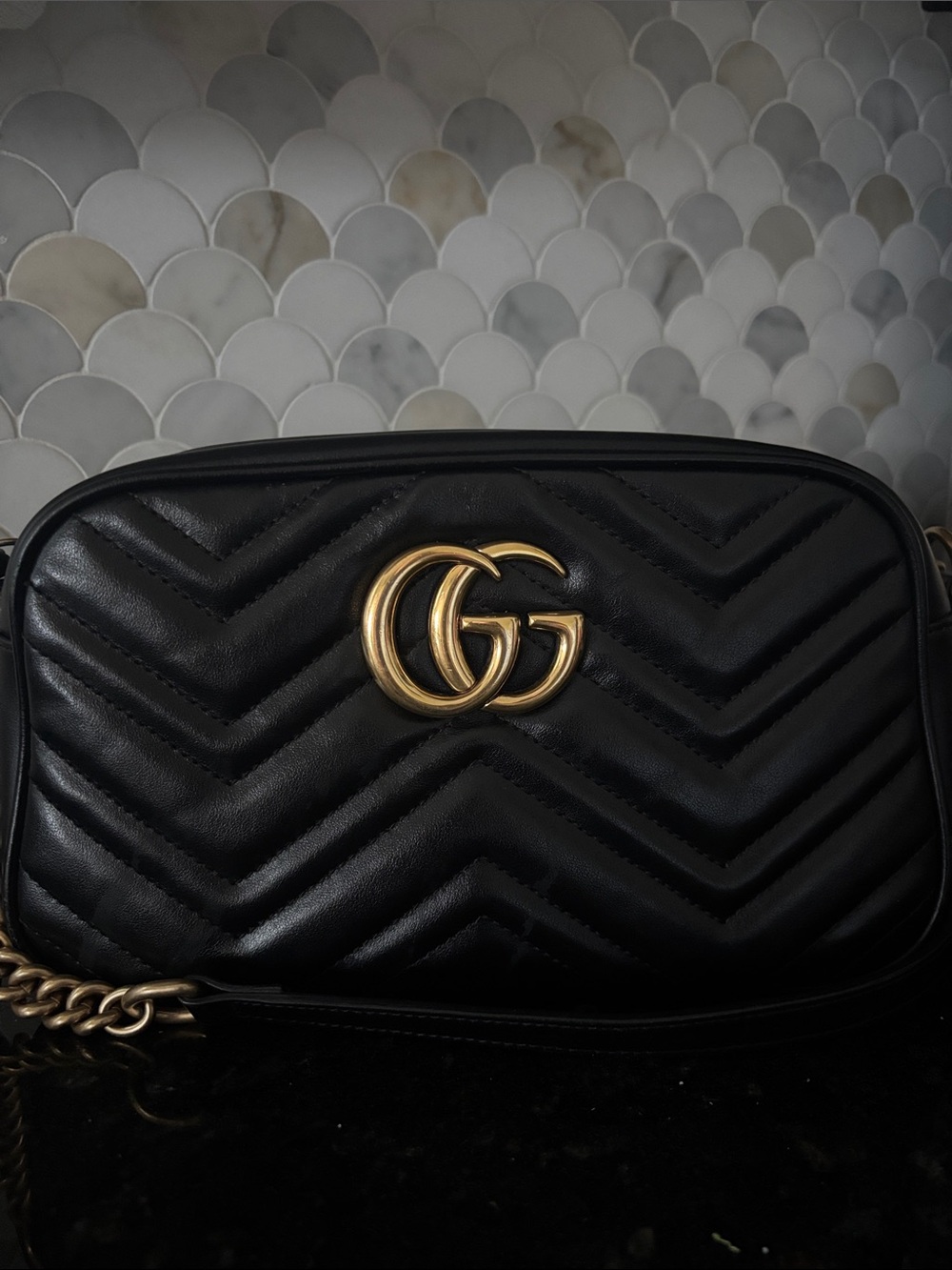 Gucci Black Quilted Chevron Leather GG Camera Bag with Gold Hardware